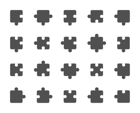 Puzzle icons. Jigsaw Challenge, Strategy, Puzzle pieces icons. Fun solution, Solve piece of problem. Tests person ingenuity or knowledge. Set of Jigsaw puzzle game pieces. Vectorのイラスト素材