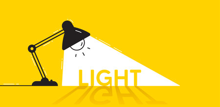 Table office lamp light banner. Bright business idea yellow background. Electric lamp light concept. Desktop bright flashlight. Modern light fixture concept. Vector office interior spotlightのイラスト素材