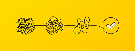 Tangle of thoughts, psychological stress and easy problem solving. Psychology solution concept. Confused purpose, trouble solution and think easy. Psychology path, stress reduction. Vectorのイラスト素材