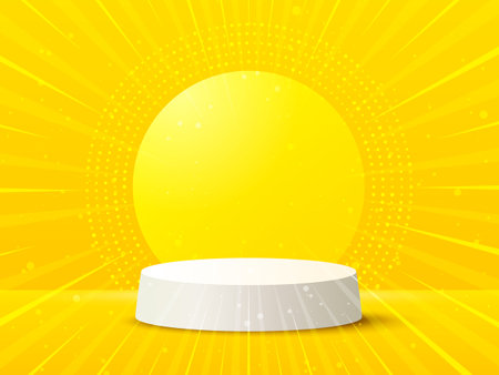 3d cylinder podium, winner pedestal. Product display background. Abstract stage platform shape. Minimal wall scene showroom. Circle product podium. Scene 3d stage. Sunburst studio background. Vectorのイラスト素材