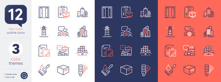 Set of Parcel checklist, Buildings and Brush line icons. Include Skyscraper buildings, Office box, Open door icons. Lighthouse, Inventory, Palette web elements. Engineering team. Vector