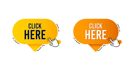 Click here speech bubble with hand clicking icon. Press internet web button. Click here chat bubble with hand cursor. Website promotion tag banner. Clicking offer button. Vectorのイラスト素材