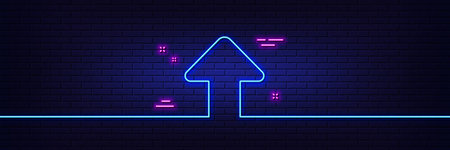 Neon light glow effect. Upload arrow line icon. Direction Arrowhead symbol. Navigation pointer sign. 3d line neon glow icon. Brick wall banner. Upload outline. Vectorのイラスト素材