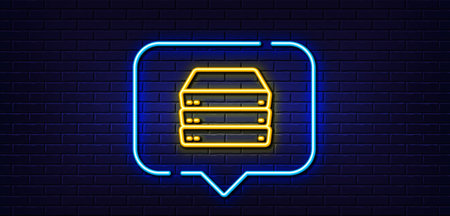 Neon light speech bubble. Servers line icon. PC component sign. Big data storage symbol. Neon light background. Servers glow line. Brick wall banner. Vectorのイラスト素材
