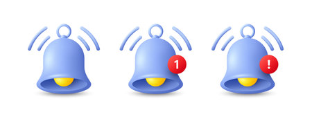 3d notification bell icon. Subscription alarm bell. Social media subscribe 3d reminder. Notice alert, new message received. Notification alarm with exclamation mark. Vectorのイラスト素材
