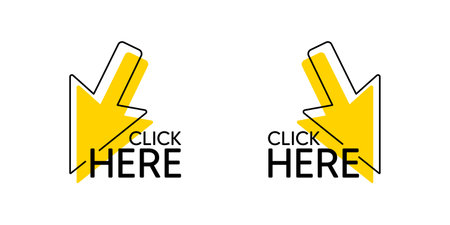 Click here with mouse cursor icon. Press internet web button. Click here button with arrow pointer symbol. Website promotion tag banner. Clicking offer design. Internet web mouse cursor. Vectorのイラスト素材