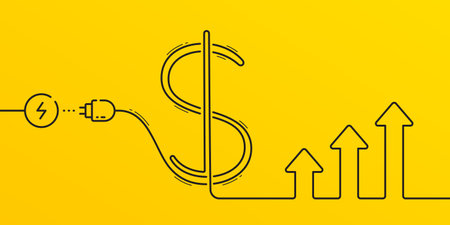 Electric power cord in the dollar sign. Inflation concept banner. Electricity and utility cost, expense and bills. Save electric power background. Electricity up trend chart. Vectorのイラスト素材
