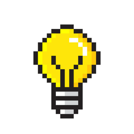 Pixel art light bulb icon. Idea lamp, thinking lightbulb and solution inspiration. Game design idea lamp icon. Energy light bulb symbol. Retro electricity power. Vectorのイラスト素材