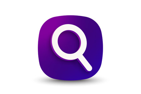 Search 3d icon on neon gradient button. Research, magnifier glass and find lupe sign. Zoom, seek or look banner. Search information tool 3d icon. Website magnifying lupe. Vectorのイラスト素材