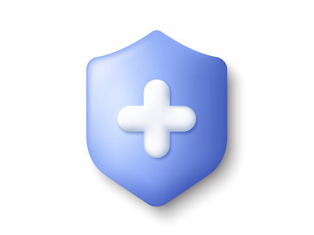 Shield 3d icon. Health care concept with cross. Medic care insurance. Immune system virus protection. Medicine health, pharmacy care and medical hospital symbol. Medic 3d shield. Vectorのイラスト素材