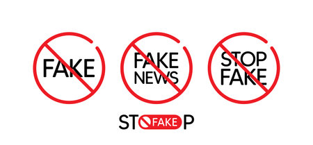 Fake news stamp icons. Stop fake news and propaganda on tv and social media. Disinformation, false information and counterfeit. Stop lie in social media. Online propaganda. Vectorのイラスト素材