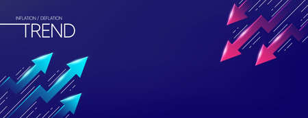 Up and down trend banner with 3d arrows. Inflation vs deflation. Stock exchange background. Trader profit and loss. Rise inflation, Up trend arrows and increase profit. Vectorのイラスト素材