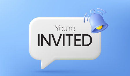 You are invited chat bubble. Invitation 3d card with notification bell. Notice message design. Background with alarm bell and speech bubble. Invited reminder alert. Vectorのイラスト素材