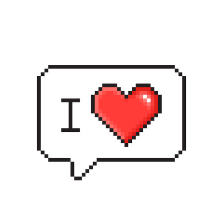 Pixel art red heart icon. Love feeling, health life or Valentine day shape. Feedback pixel art message. Game design life icon. Cute heart love symbol. Romantic wedding speech bubble. Vectorのイラスト素材