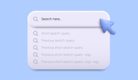 Search bar with drop-down box for web interface design. Search bar history icon. 3d arrow mouse cursor with drop-down menu. Web browser tab template. Recent search queries. Vectorのイラスト素材