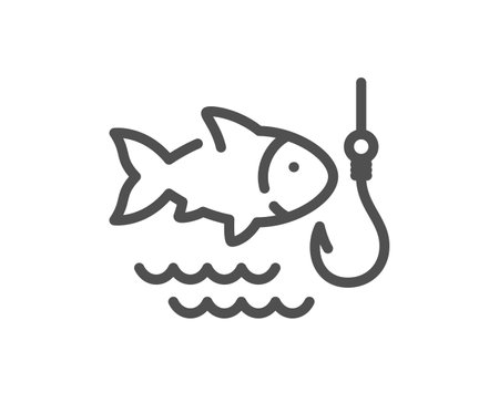 Fishing line icon. Fish and hook sign. Catch seafood symbol. Quality design element. Linear style fishing icon. Editable stroke. Vectorのイラスト素材