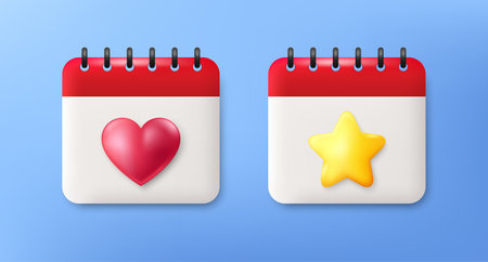 3d calendar icons with heart and star shapes, render graphic style. Event schedule date, calendar favorite day with star, dating reminder. Romantic date, important calendar day. Vector illustrationのイラスト素材