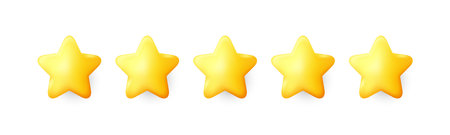 Five stars customer product rating review. Feedback stars, best service opinion. Positive user rate. Customer satisfaction feedback, evaluate quality service, five star review. Vector illustrationのイラスト素材