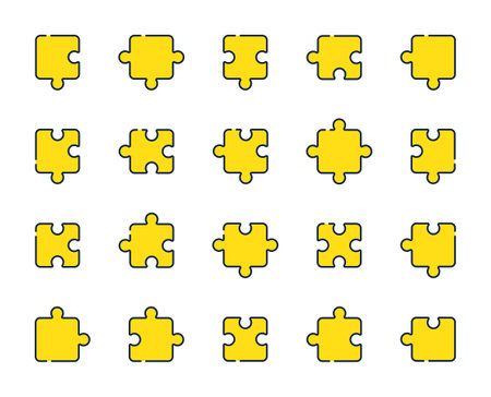 Puzzle line icons. Jigsaw Challenge, Strategy, Puzzle pieces icons. Fun solution, Solve piece of problem. Tests person ingenuity or knowledge. Set of Jigsaw puzzle game pieces. Vectorのイラスト素材