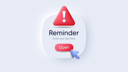 Reminder 3d notifications page with warning alert. Calendar event notice message. Push notifications box. Caution alert message, danger notification and hazard notice. Vector illustrationのイラスト素材