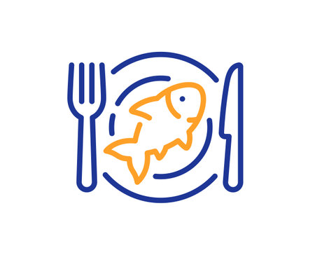 Seafood line icon. Fish dish sign. Plate with fork and knife symbol. Colorful thin line outline concept. Linear style seafood icon. Editable stroke. Vectorのイラスト素材