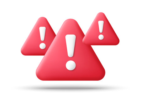 Red danger warning triangle 3d icon. Alert, caution or emergency notification symbol. Danger hazard notification. Caution alert notice, triangle warning reminder and emergency attention. Vectorのイラスト素材