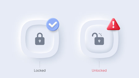 Lock and unlock buttons set. User web interface elements in Neumorphic design. Open padlock button, closed lock. Approved lock, Unlock warning alert. Private password protection. Vector illustrationのイラスト素材