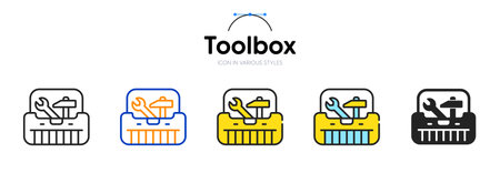 Toolbox line icon in different styles. Bicolor outline stroke style. Repair toolkit symbol for web ui, mobile application. Toolbox with hammer and wrench tool. Engineering fix tools. Vectorのイラスト素材