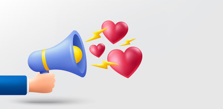 Love offer background. Realistic 3d hand hold megaphone icon with hearts. Valentine day or Mother day decoration. Cute 3d heart. Love dating banner. Happy Valentine day holiday. Vector illustrationのイラスト素材