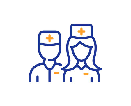 Doctor line icon. Surgeon with nurse sign. Medical staff symbol. Colorful thin line outline concept. Linear style doctor icon. Editable stroke. Vectorのイラスト素材