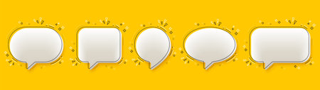 3d speech bubble icons on yellow background. 3d chat message icon. Social media chatting concept. Conversation or talk elements banners. Message box, comment speech bubble. Vectorのイラスト素材