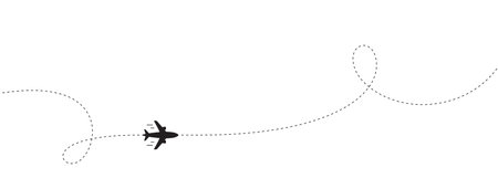 Airplane line path background. Air plane icon with flight route. Travel dash route line, trip flight...