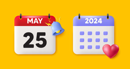 2024 year calendar 3d icons. Date planner signs set. Event reminder, 3d calendar organizer notification icon. Meeting schedule, appointment day, medical check up. May 25 calendar schedule plan. Vectorのイラスト素材