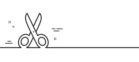 Cut line icon. Tailor, hairdresser or barber scissors sign. Shears symbol. Minimal line illustration background. Cut line icon pattern banner. White web template concept. Vectorのイラスト素材