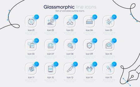 Set of Plants watering, Mattress and Web mail line icons for web app. Present delivery, Sunglasses, Chemistry pipette icons. Hold t-shirt, Disaster, Call center signs. Clipboard, Bicycle. Vectorのイラスト素材