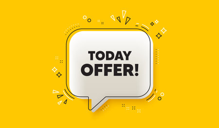 Today offer tag. 3d speech bubble yellow banner. Special sale price sign. Advertising discounts symbol. Today offer chat speech bubble message. Talk box infographics. Vectorのイラスト素材