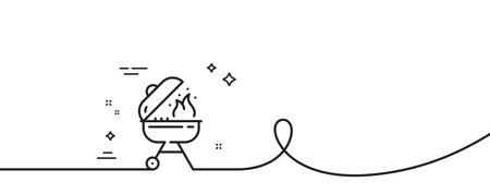 Grill line icon. Continuous one line with curl. Barbecue cooker for cooking food sign. Meat brazier with fire symbol. Grill single outline ribbon. Loop curve pattern. Vectorのイラスト素材
