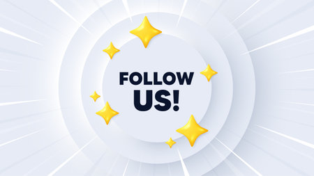 Follow us tag. Neumorphic banner with sunburst. Special offer sign. Super offer symbol. Follow us message. Banner with 3d stars. Circular neumorphic template. Vectorのイラスト素材