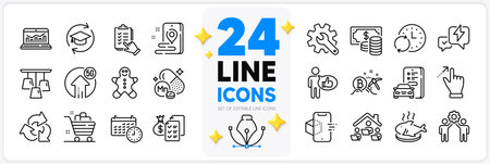 Icons set of Lightning bolt, Customisation and Grocery basket line icons pack for app with Recycle, Touchscreen gesture, Coins banknote thin outline icon. Update time. Design with 3d stars. Vectorのイラスト素材