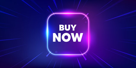 Buy Now tag. Neon light frame box banner. Special offer price sign. Advertising Discounts symbol. Buy now neon light frame message. Vectorのイラスト素材