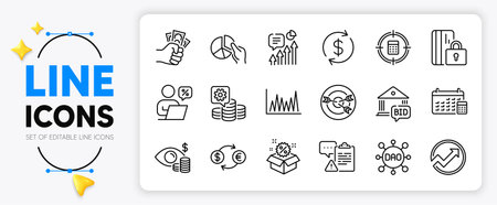 Usd exchange, Dao and Calendar line icons set for app include Audit, Targeting, Online discounts outline thin icon. Clipboard, Sale, Line graph pictogram icon. Making money, Pie chart, Kpi. Vectorのイラスト素材