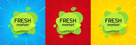 Fresh market food banner. Sunburst offer banner, flyer or poster. Organic bio product tag. Vegetarian eco icon. Fresh market promo event banner. Starburst pop art coupon. Special deal. Vectorのイラスト素材