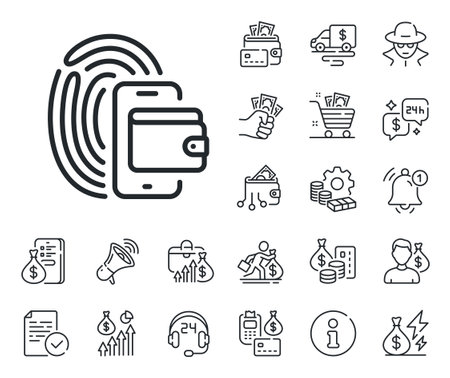 Money purse sign. Cash money, loan and mortgage outline icons. Wallet line icon. Fingerprint cash symbol. Wallet line sign. Credit card, crypto wallet icon. Inflation, job salary. Vectorのイラスト素材