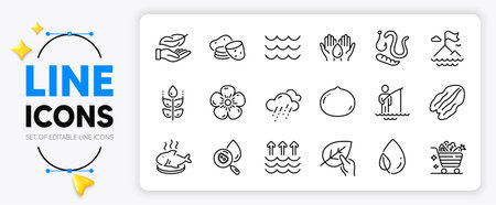 Evaporation, Safe water and Leaf dew line icons set for app include Lightweight, Fish dish, Waves outline thin icon. Vegetables cart, Natural linen, Water analysis pictogram icon. Vectorのイラスト素材