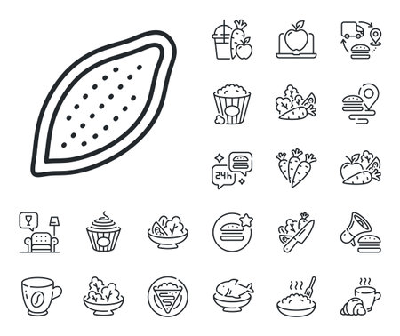 Tasty nuts sign. Crepe, sweet popcorn and salad outline icons. Cocoa nut line icon. Vegan food symbol. Cocoa nut line sign. Pasta spaghetti, fresh juice icon. Supply chain. Vectorのイラスト素材