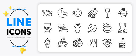 Food, Food delivery and Frappe line icons set for app include Ice cream, Cooking timer, Mint leaves outline thin icon. Orange, Love coffee, Wine glass pictogram icon. Cashew nut. Vectorのイラスト素材