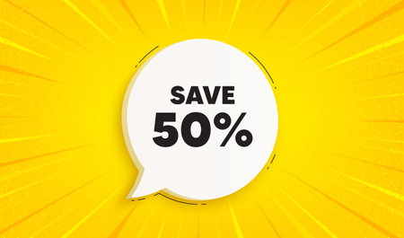 Save 50 percent off tag. Speech bubble sunburst banner. Sale Discount offer price sign. Special offer symbol. Discount chat speech message. Yellow sun burst background. Vectorのイラスト素材
