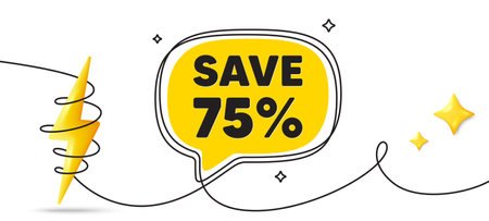 Save 75 percent off tag. Continuous line art banner. Sale Discount offer price sign. Special offer symbol. Discount speech bubble background. Wrapped 3d energy icon. Vectorのイラスト素材