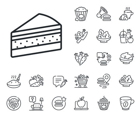 Dessert food sign. Crepe, sweet popcorn and salad outline icons. Cake line icon. Delicious snack symbol. Cake line sign. Pasta spaghetti, fresh juice icon. Supply chain. Vectorのイラスト素材