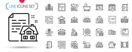 Pack of Armchair, Street light and Lighthouse line icons. Include Floor plan, Door, Sports arena pictogram icons. Square area, Entrance, Package size signs. Open door, Garage. Vectorのイラスト素材